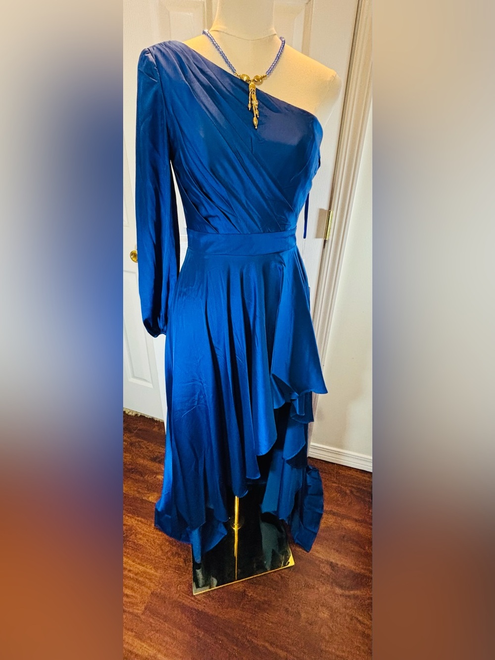 Mac Duggal One-Shoulder Cobalt Blue High-Low Satin Gown - Picture 2 of 10